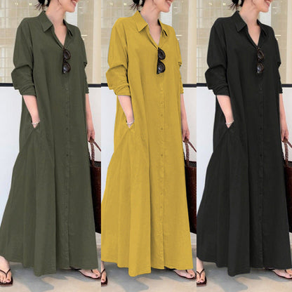 👗 50 % RABATT JUST NU! ✨ Lång enfärgad klänning med långa ärmar – minimalistisk design, mjukt tyg och perfekt för en stilren vardagslook 🌸