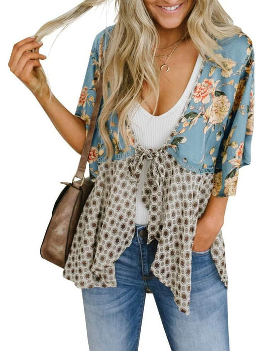 💐Vårrea 2026🌸Blommig kimono-inspirerad damkofta med volangärmar och knytband – en lätt, bohemisk och avslappnad topp