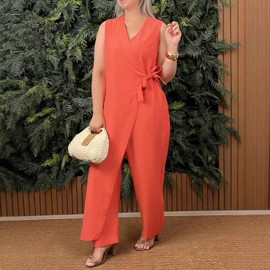 🌸Tidsbegränsat erbjudande: 50 % rabatt🌸Enfärgad, ledig jumpsuit med V-ringning och knytdetalj för dam