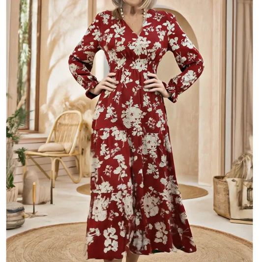 🌸Maxiklänning med V-ringning och midja, blommig charm i full blom, långa ärmar som elegant kompletterar din stil!👗