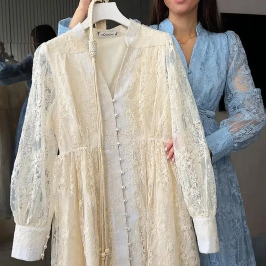 💥Hett tips💥52% OFF✨✨Vintage broderad klänning med lanternärmar