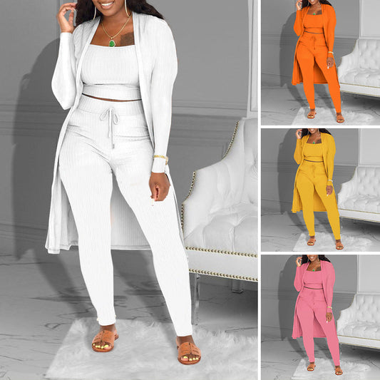 ✨🔥Casual stickat tredelat set – kort topp, kofta och byxor💞