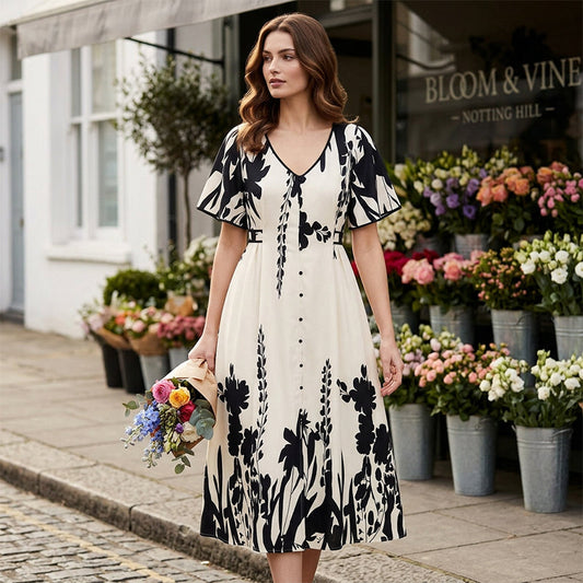 👗 55% RABATT NU! 🌿 Mjuk Klänning i Botaniskt Mönster med V-ringning & Medellång Kjol – Elegant, Lätt & Mångsidig För Alla Tillfällen 🌸